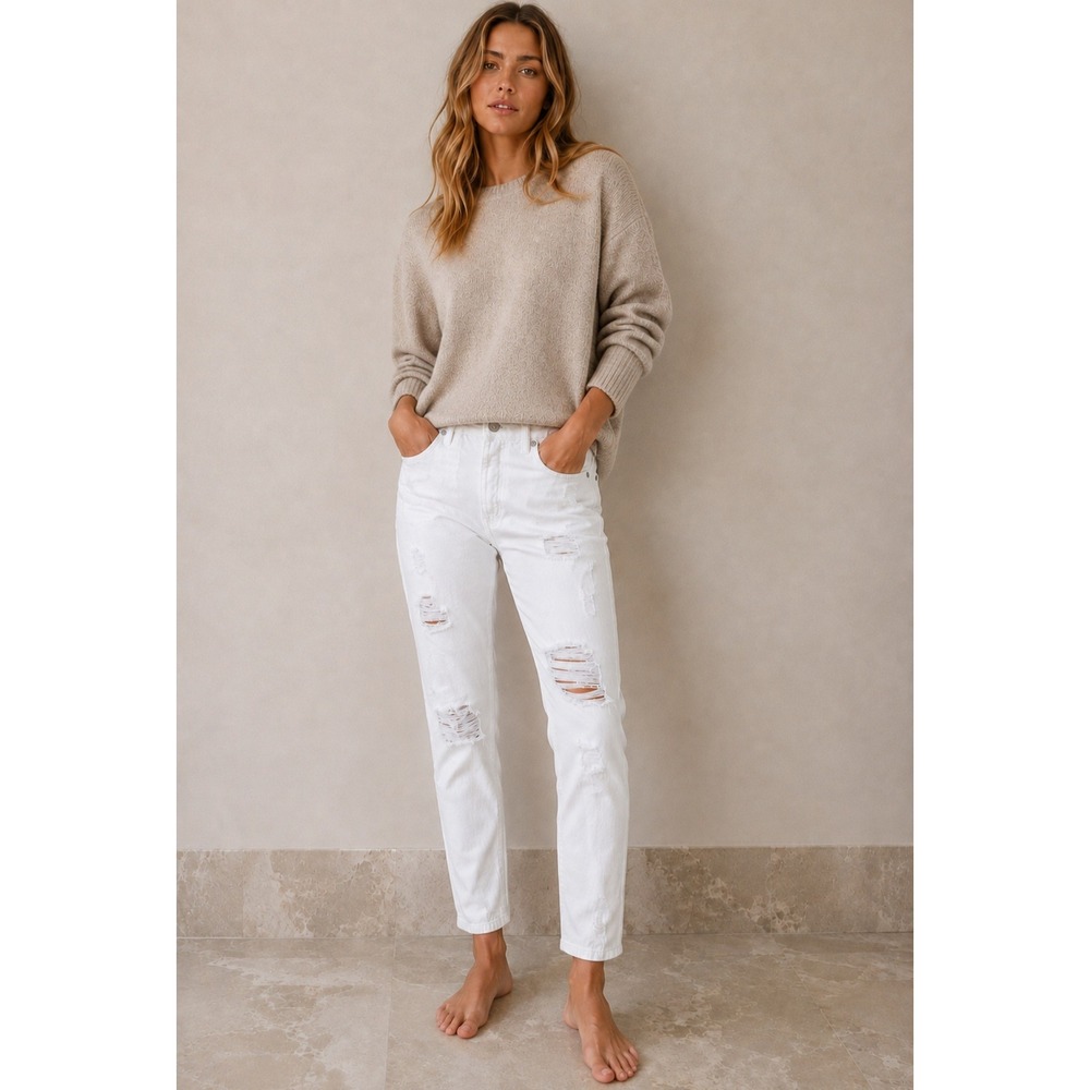 Boyish Jeans Billy High Rise Straight Leg Distressed Sweet Baby Jane White  27